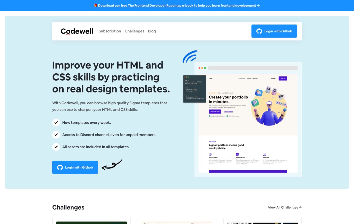 Codewell's home page in July 2023: log in with GitHub, pick a template, build it.